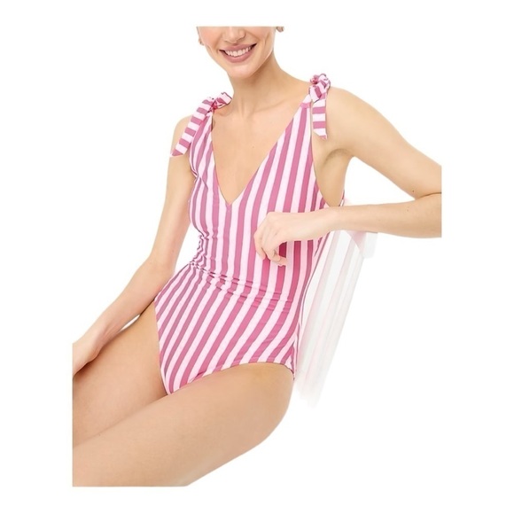 NWT! J. Crew Wild Berry White Striped Tie-Shoulder One-Piece Swimsuit. Size 3X. - Picture 4 of 8